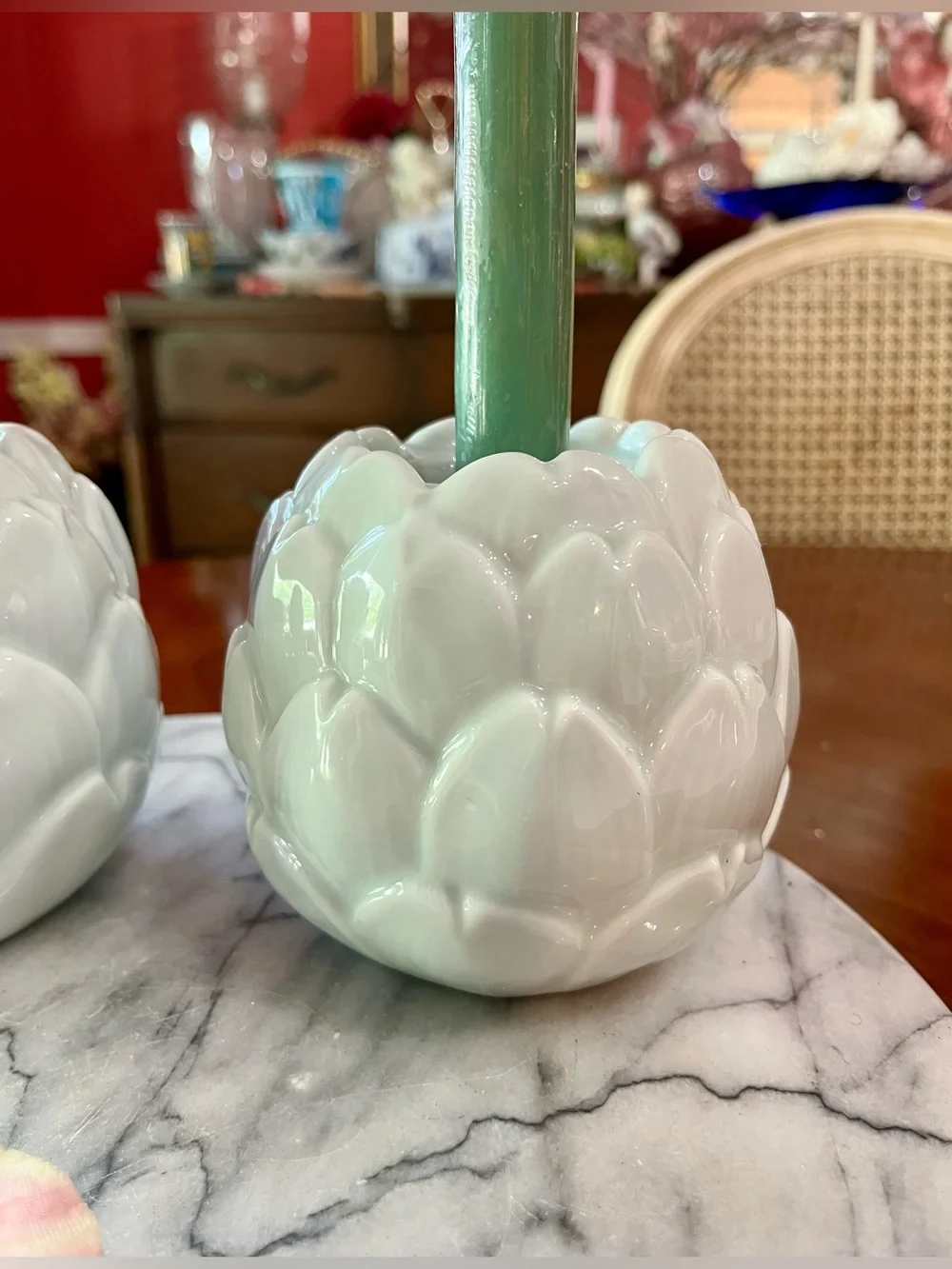 Pair Celadon Green Ceramic Artichoke Taper Candle Holders & Candles -VTG Style